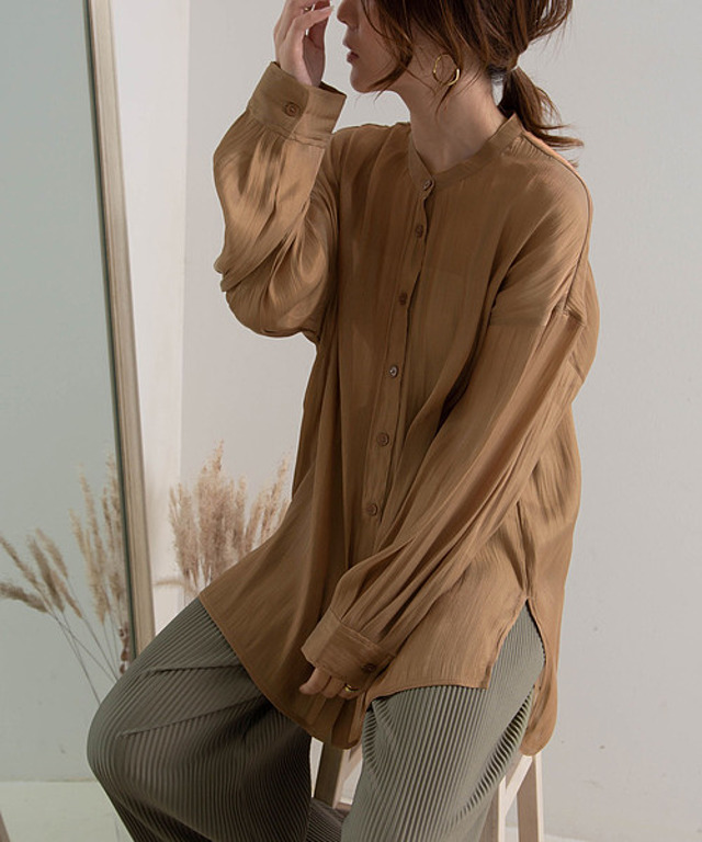 バンドカラーシャイニーポプリンシャツ