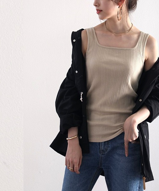 ランダムリブ 吸汗速乾 スクエア無地2wayタンクトップ