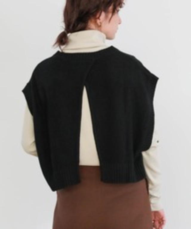 2020 A/W バックスリットニットショートベスト/ラウンドネックレイヤードニットベスト