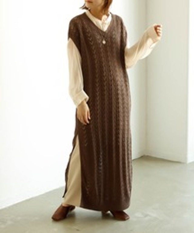 【VACANCY】レース編みニットロングベストワンピース