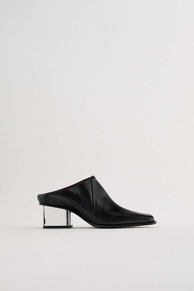 スクエアトゥリアルレザーミュールハイヒール