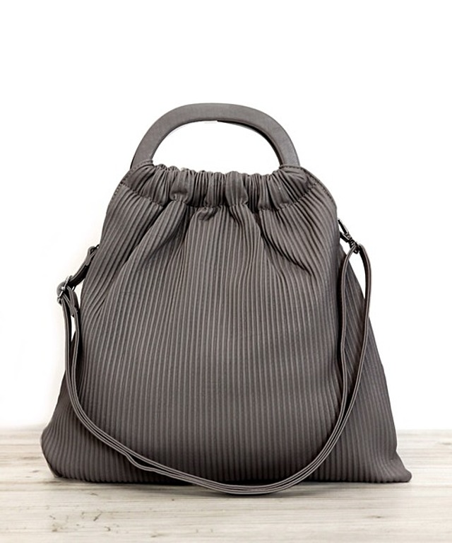 2way プリーツ調ストライプ巾着ハンドバッグ/ショルダーバッグ