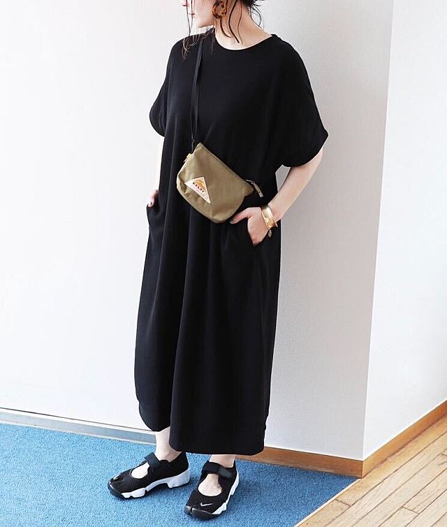 コットンワッフル半袖ポケット付きTシャツワンピース