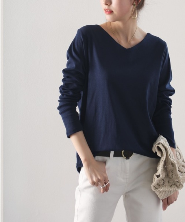 フライスVネックロングスリーブ無地ミドル丈Tシャツ(長袖)