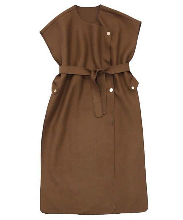 オーバーサイズロングベスト/サイドスリットボタンデザインベルト付きノースリーブコート