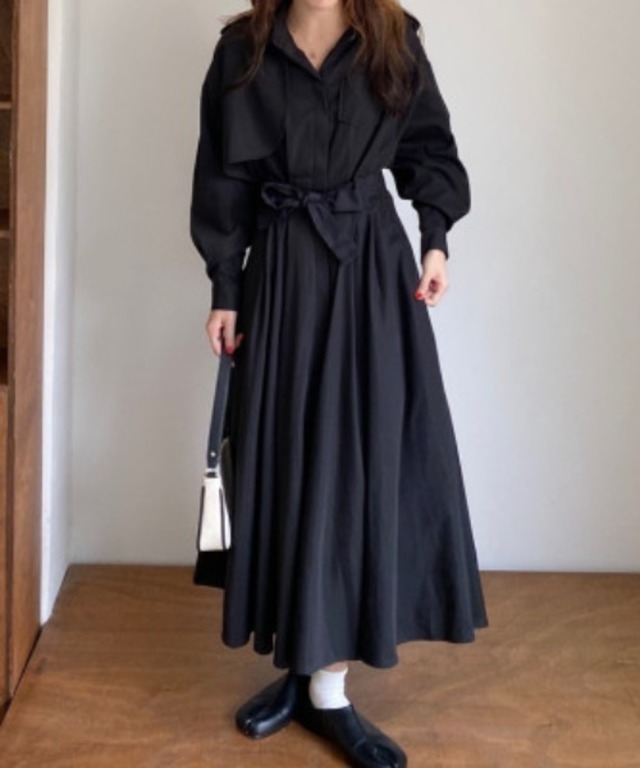 ウエストマーク　バックボタンシャツロングワンピース