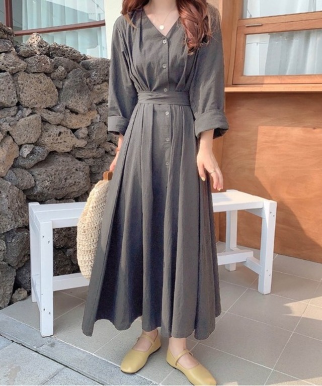 ウエストマーク タックロング リネンライクワンピース