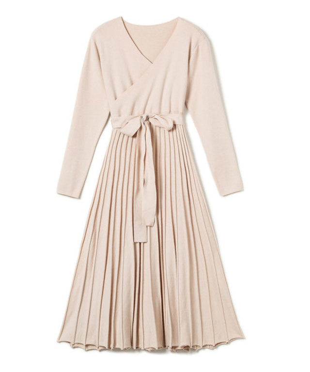 リブプリーツAラインロングニットワンピース