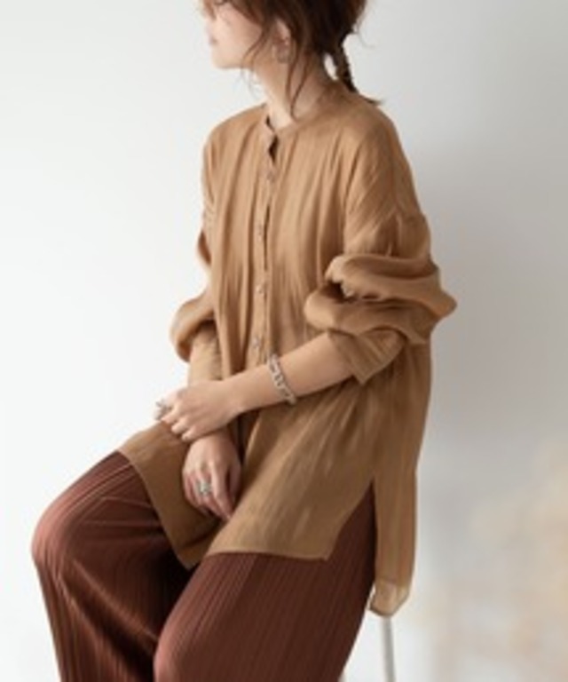 バンドカラーシャイニーポプリンシャツ