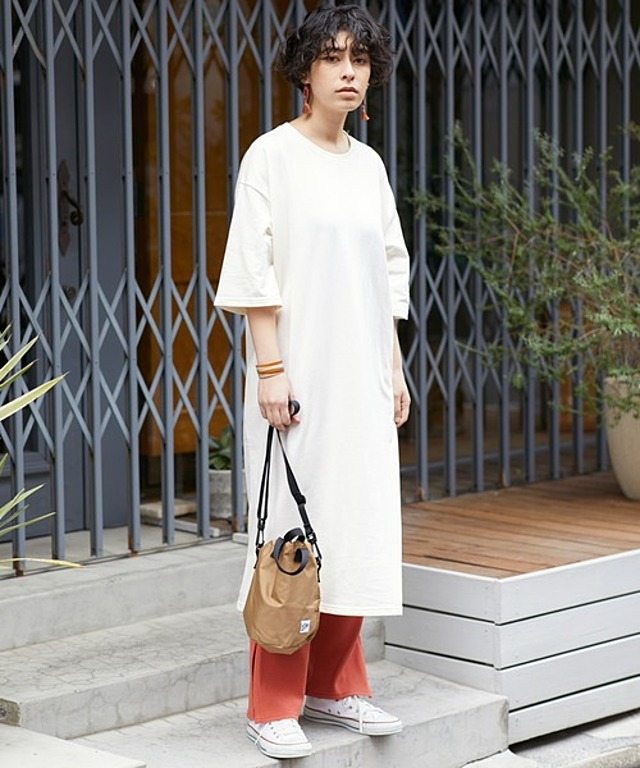 バルーンスリーブ ポケット付き 7分袖 ミニ裏毛スウェットワンピース