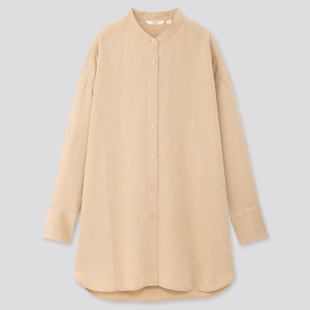 リネンブレンドスタンドカラーチュニック（長袖）