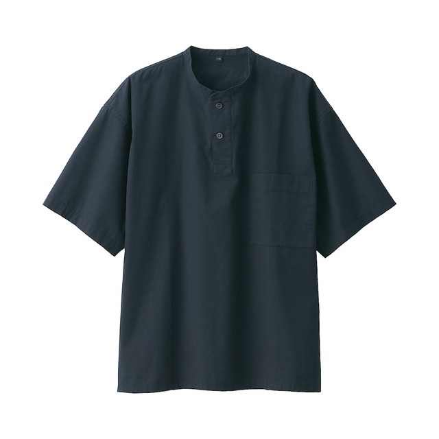 新疆綿スタンドカラープルオーバー半袖シャツ