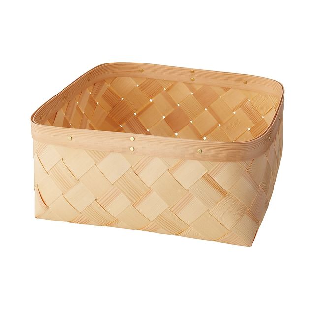 パイン材角型バスケット・中 約幅３７×奥行３７×高さ１６ｃｍ
