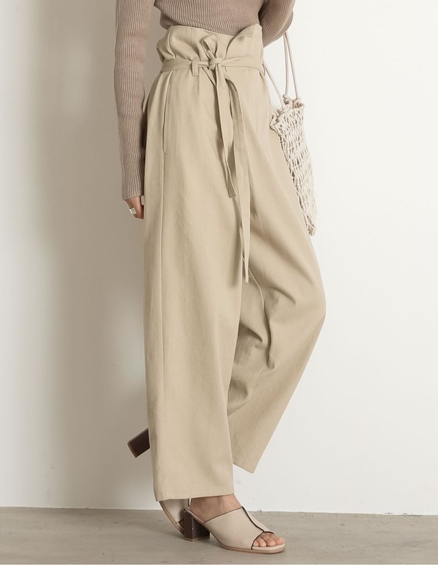 ウエストリボンラップ風ハイウエストパンツ