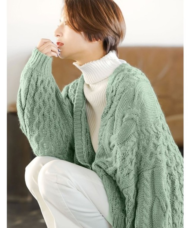 ケーブル編み起毛ざっくりニットカーディガン
