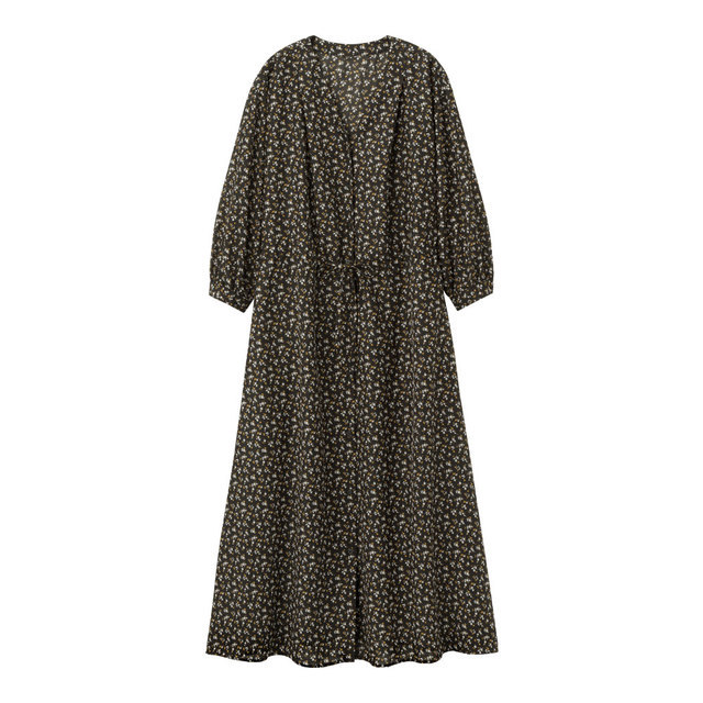 フラワープリントVネックワンピース(7分袖)