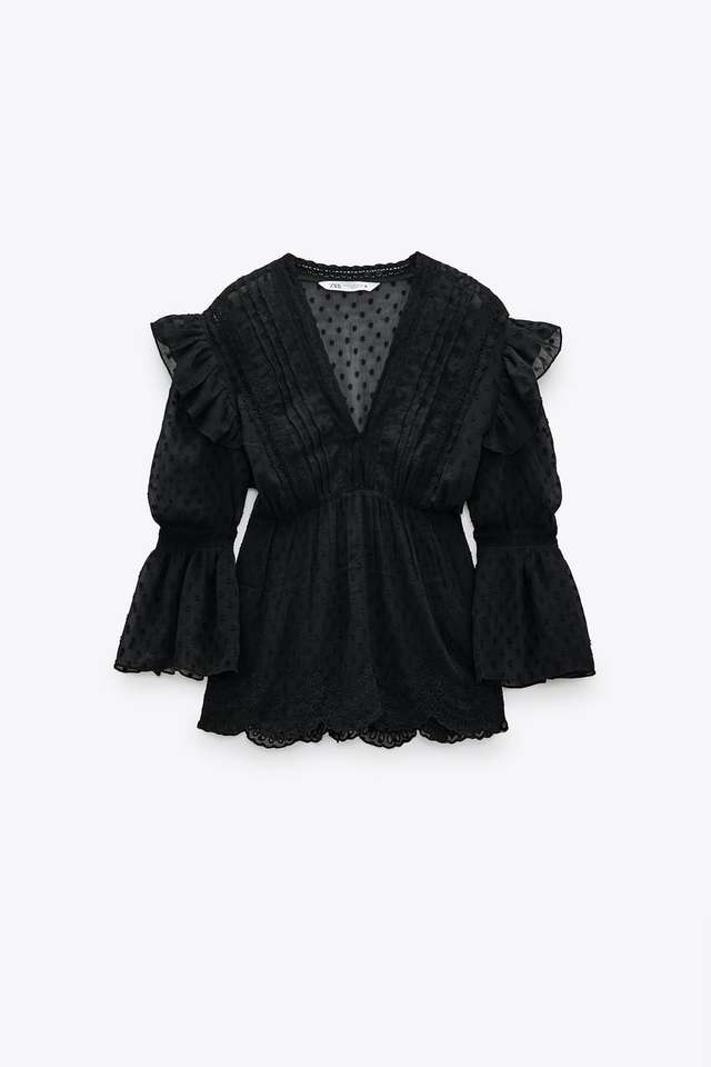 フリル付きドット柄メッシュ地ブラウス