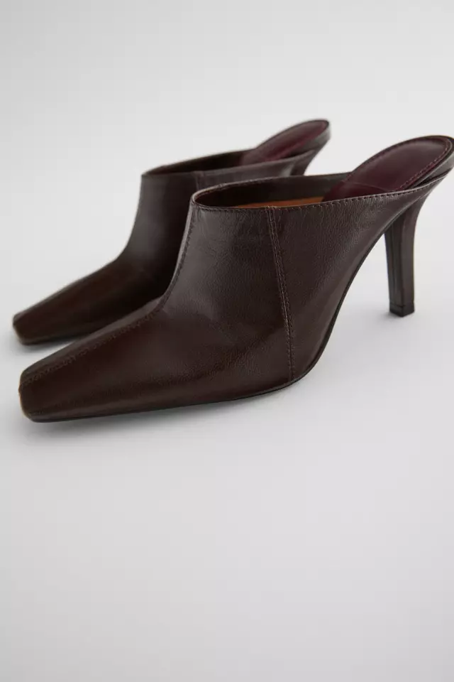 スクエアトゥリアルレザーハイヒールミュール