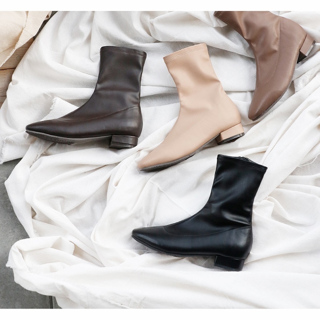 スクエアトゥローヒールストレッチミドルブーツ