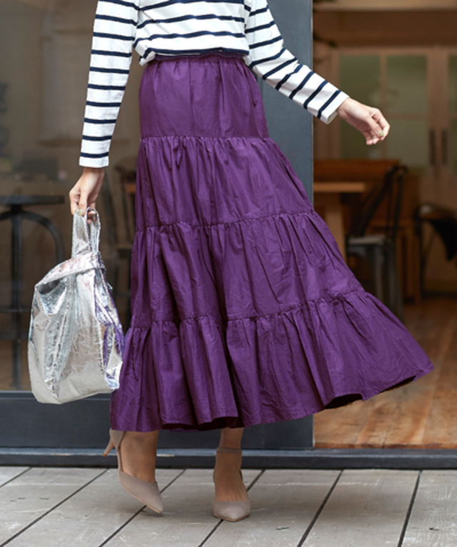 リネンブレンドフレアロングスカート(ギンガム)